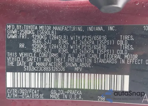 2008 Toyota Sienna Le из США, поврежденный, VIN 5TDZK23C88S126506